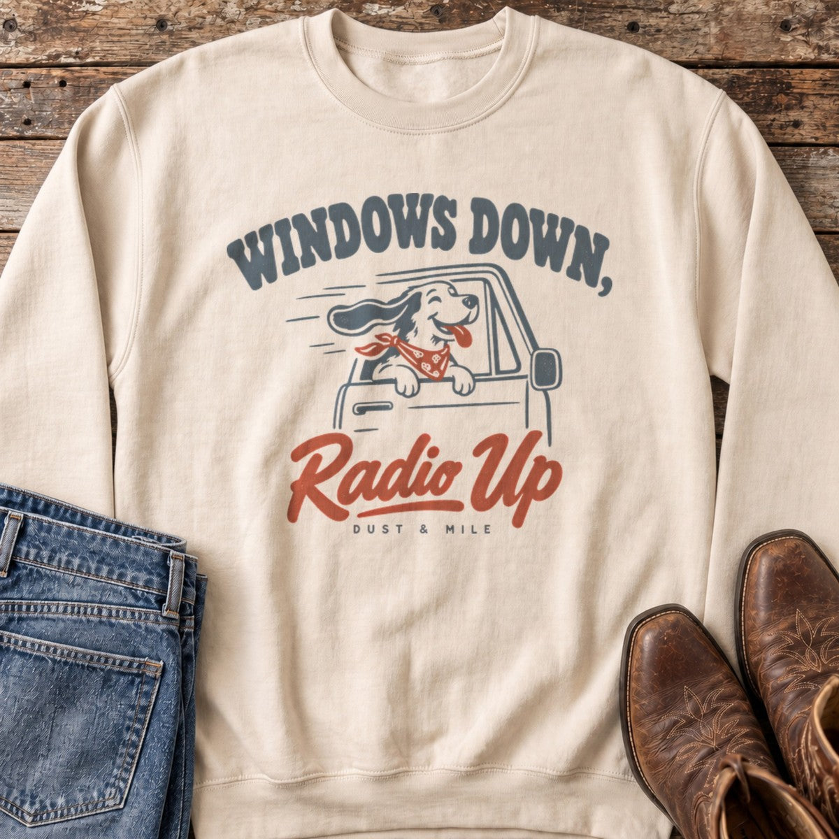 Windows Down, Radio Up Sweatshirt in Sand flat lay