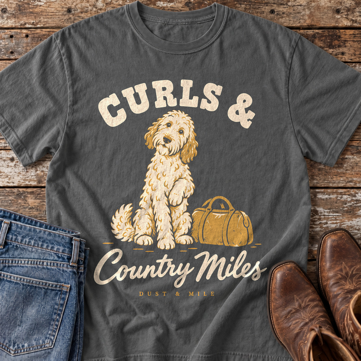 Curls and Country Miles Goldendoodle T-Shirt in Pepper