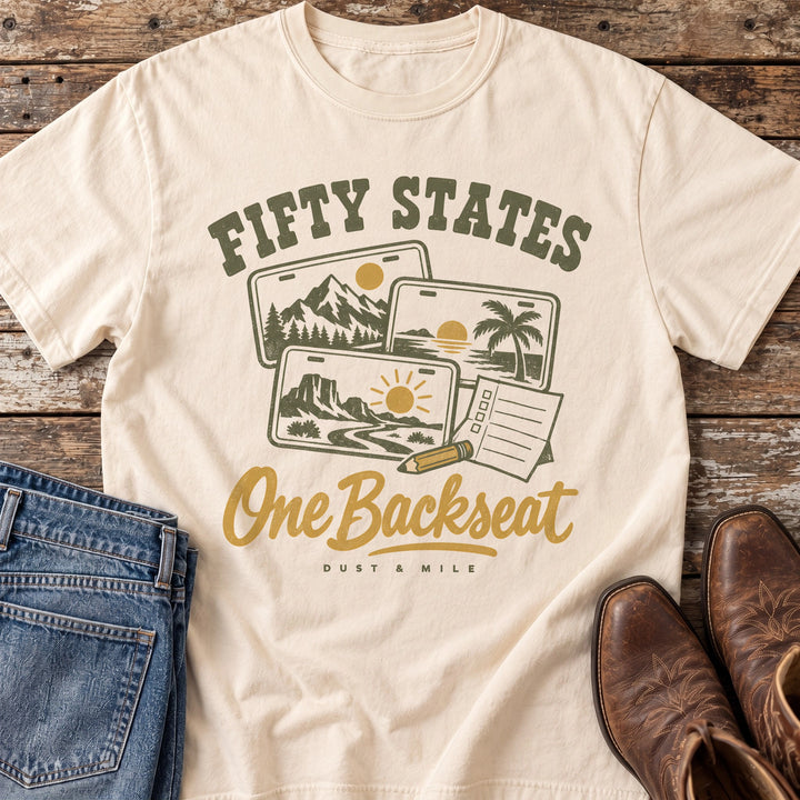 Fifty States One Backseat License Plate Hunt T-Shirt in Ivory
