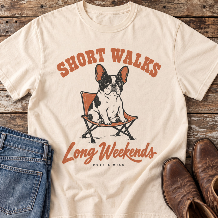 Short Walks, Long Weekends French Bulldog T-Shirt in Ivory
