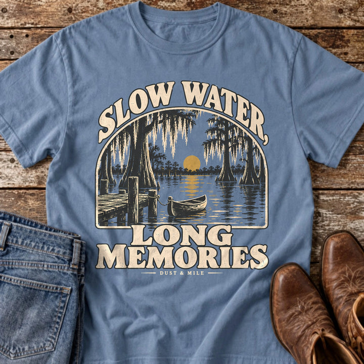 Slow Water Long Memories T-Shirt in Blue Jean