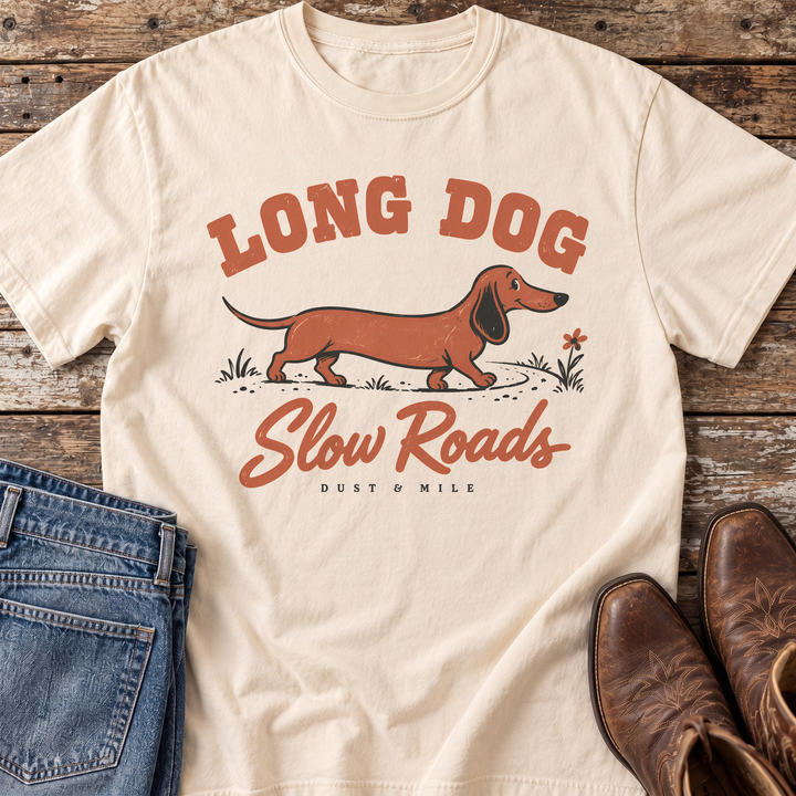 Long Dog, Slow Roads Dachshund T-Shirt in Ivory