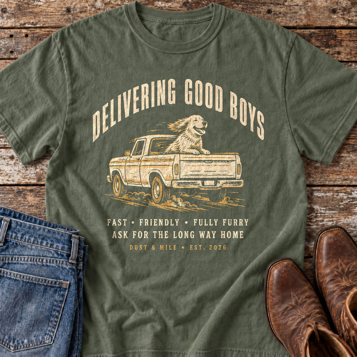 Delivering Good Boys T-Shirt in Moss