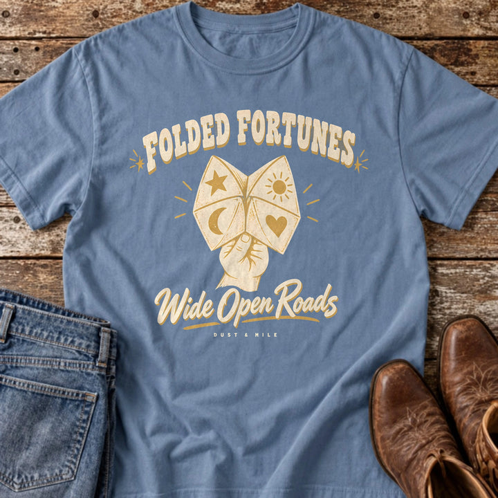 Folded Fortunes Wide Open Roads T-Shirt in Blue Jean