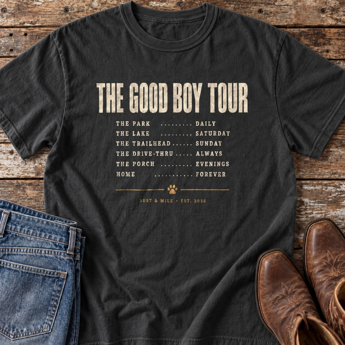 The Good Boy Tour T-Shirt flat lay