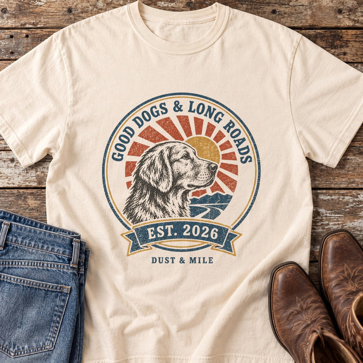 Good Dogs & Long Roads Badge T-Shirt in Ivory