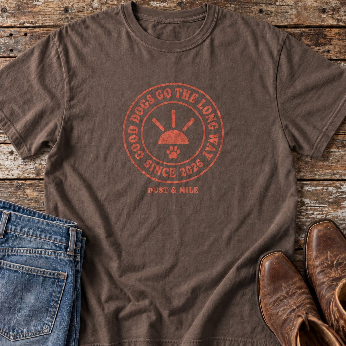 Good Dogs Go the Long Way T-Shirt flat lay
