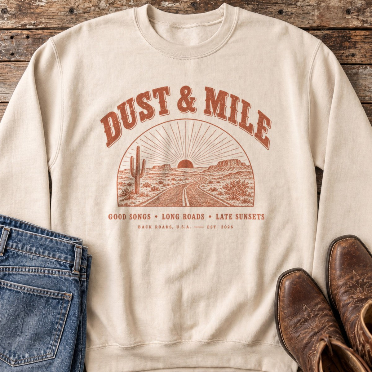 Desert Highway Arch Sweatshirt in Sand flat lay