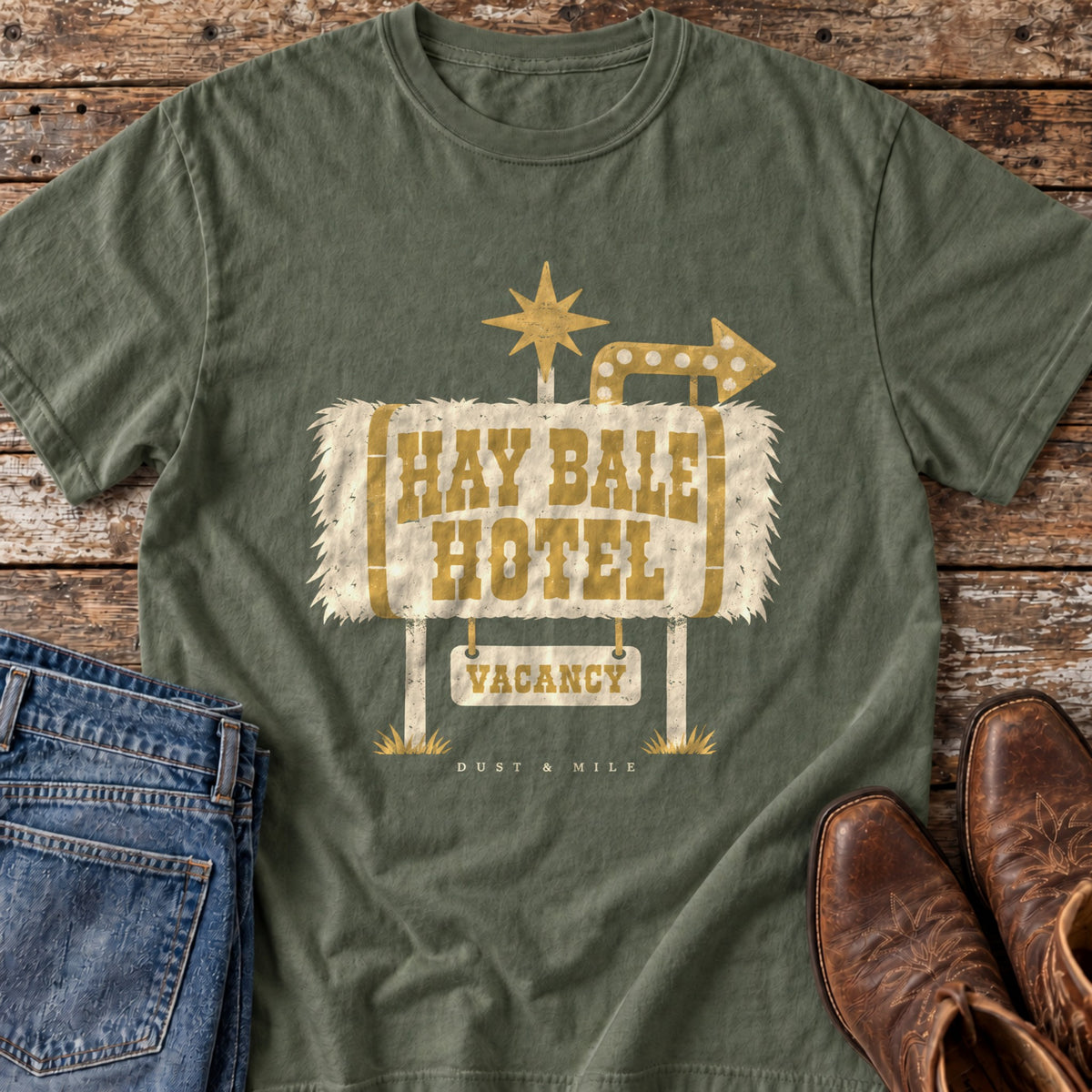 Hay Bale Hotel T-Shirt in Moss