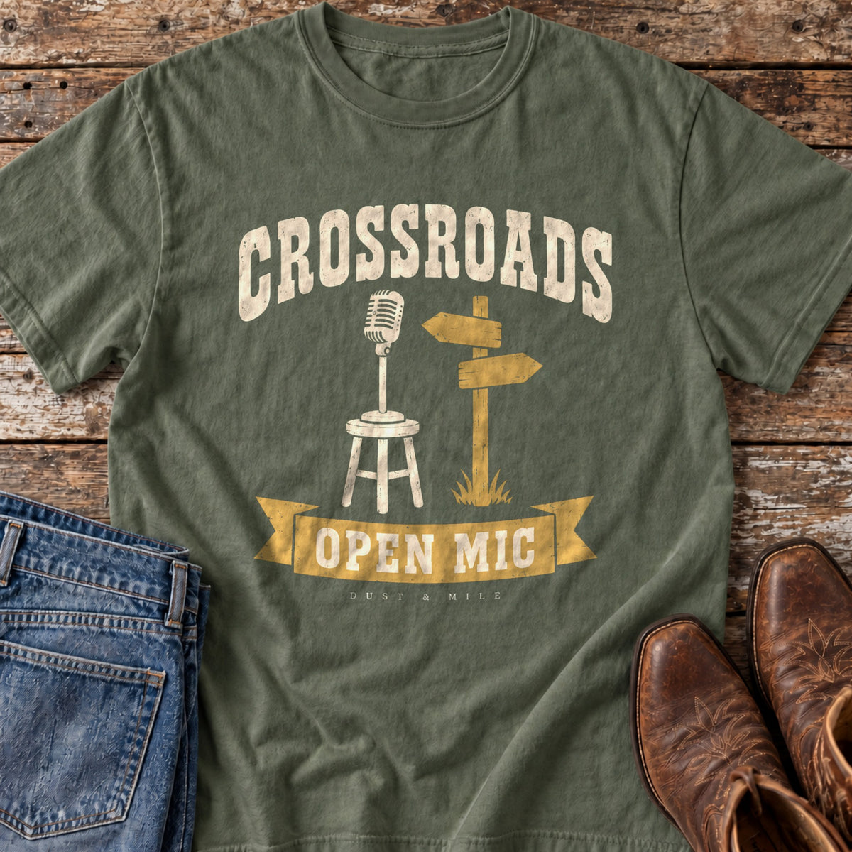 Crossroads Open Mic T-Shirt in Moss