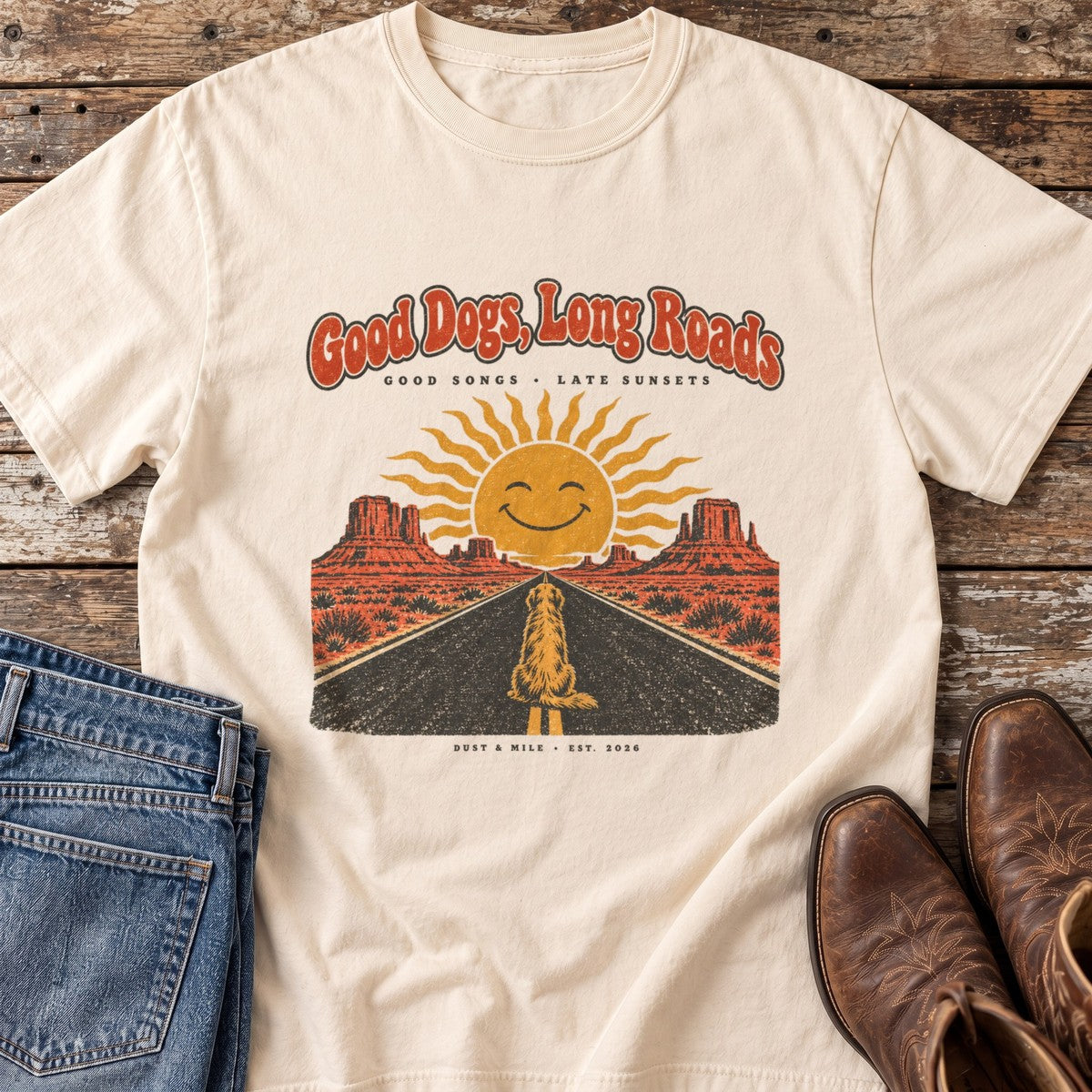 Good Dogs, Long Roads Sun T-Shirt flat lay