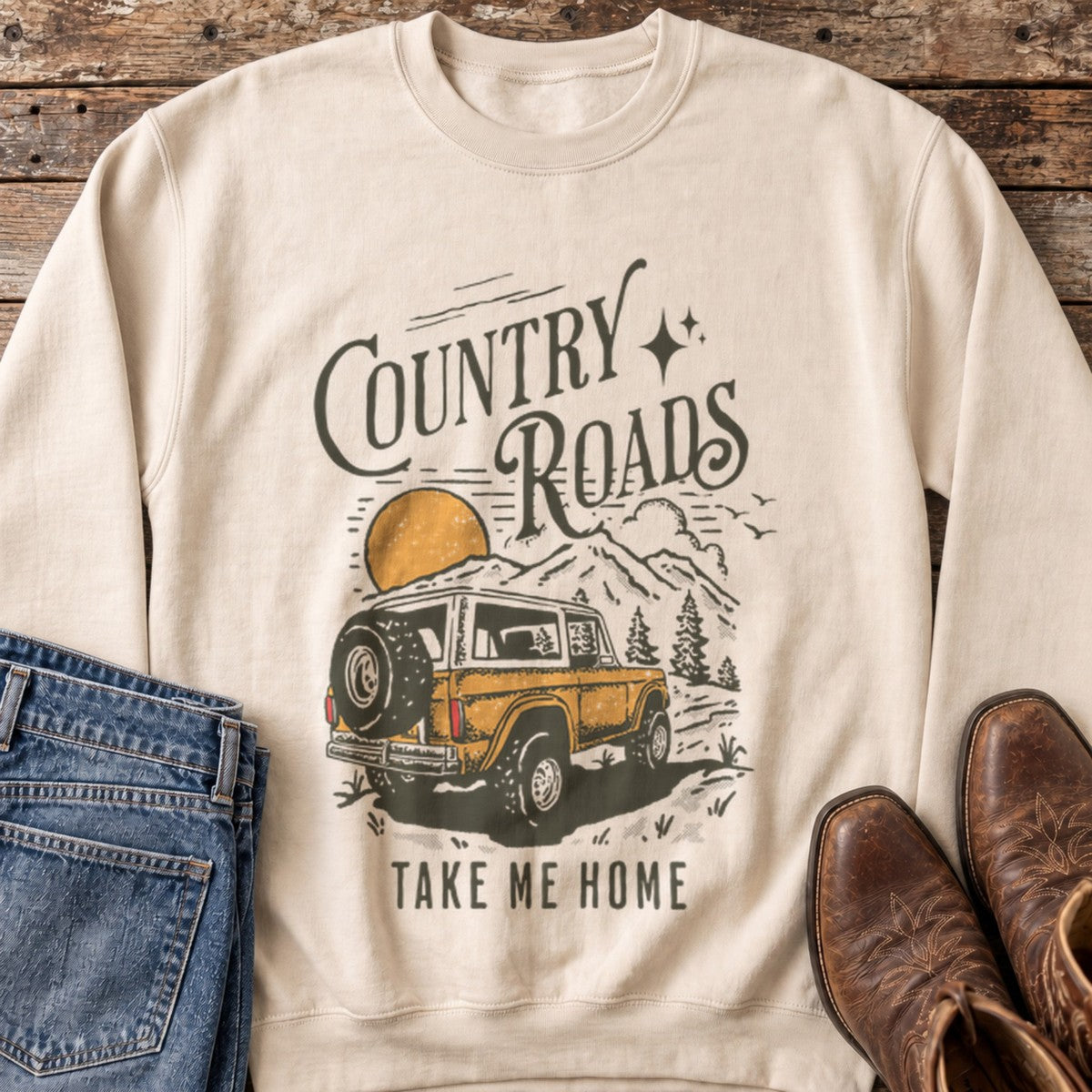 Country Roads Sweatshirt in Sand flat lay