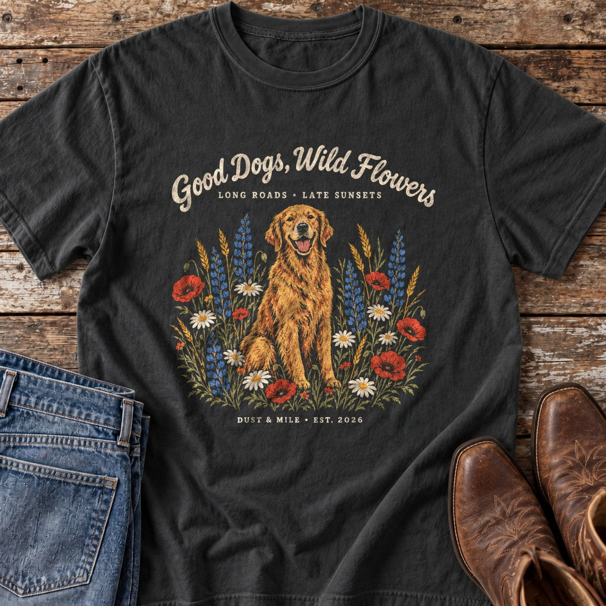 Good Dogs, Wild Flowers T-Shirt flat lay