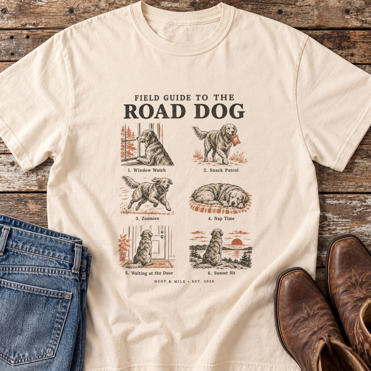 Field Guide to the Road Dog T-Shirt flat lay