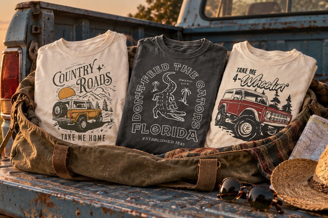 Country Roads, Gators and Take Me 4-Wheelin tees on a pickup tailgate on a back road