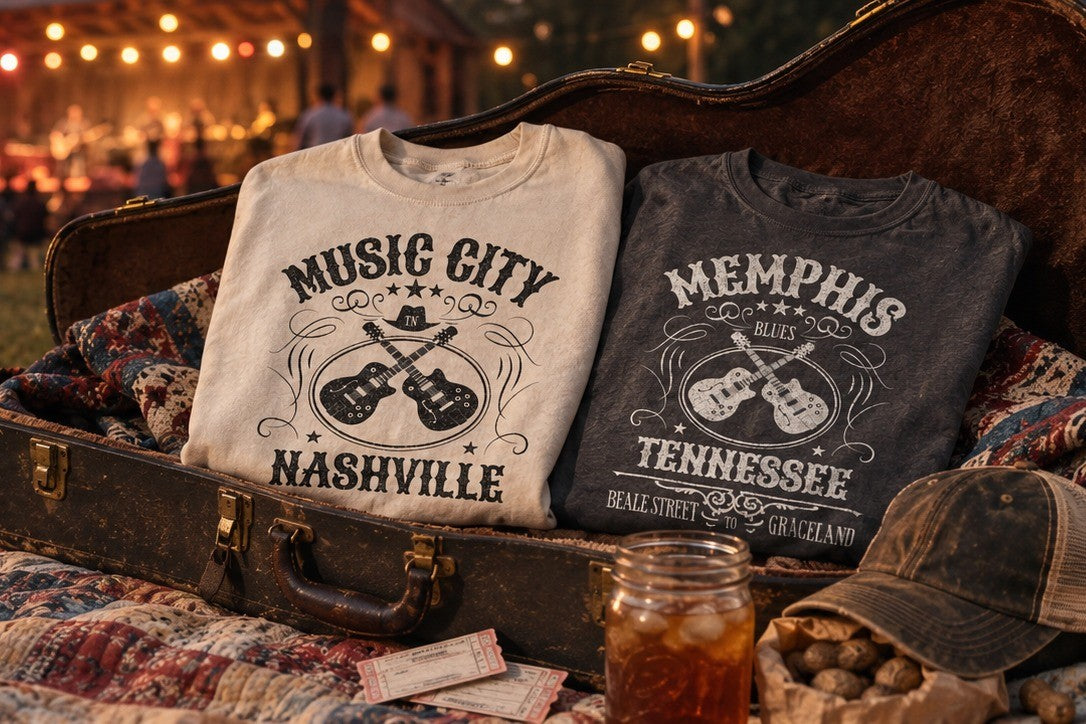 Music City sweatshirt and Memphis tee in a guitar case at a small-town concert at dusk