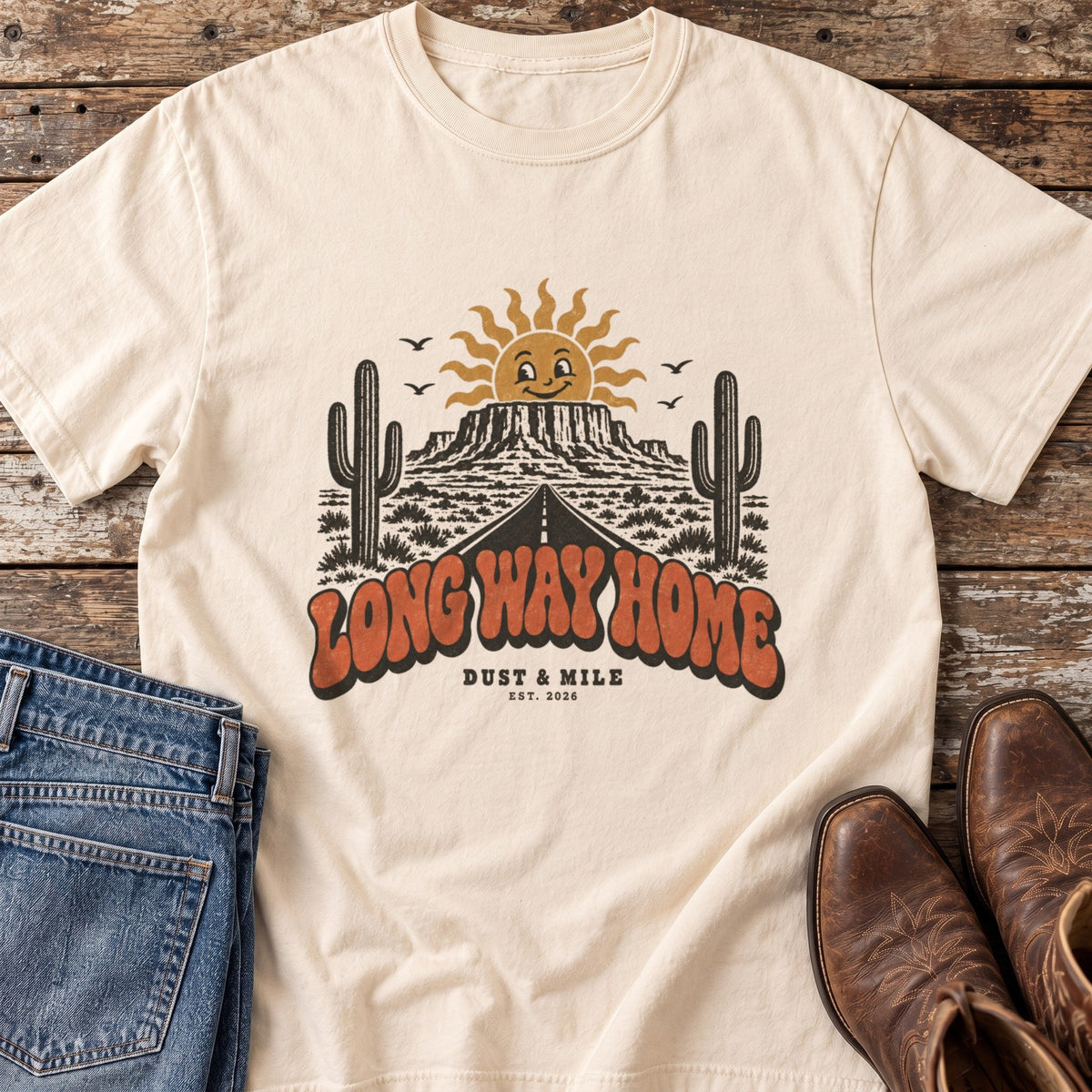 Long Way Home tee in Ivory flat lay