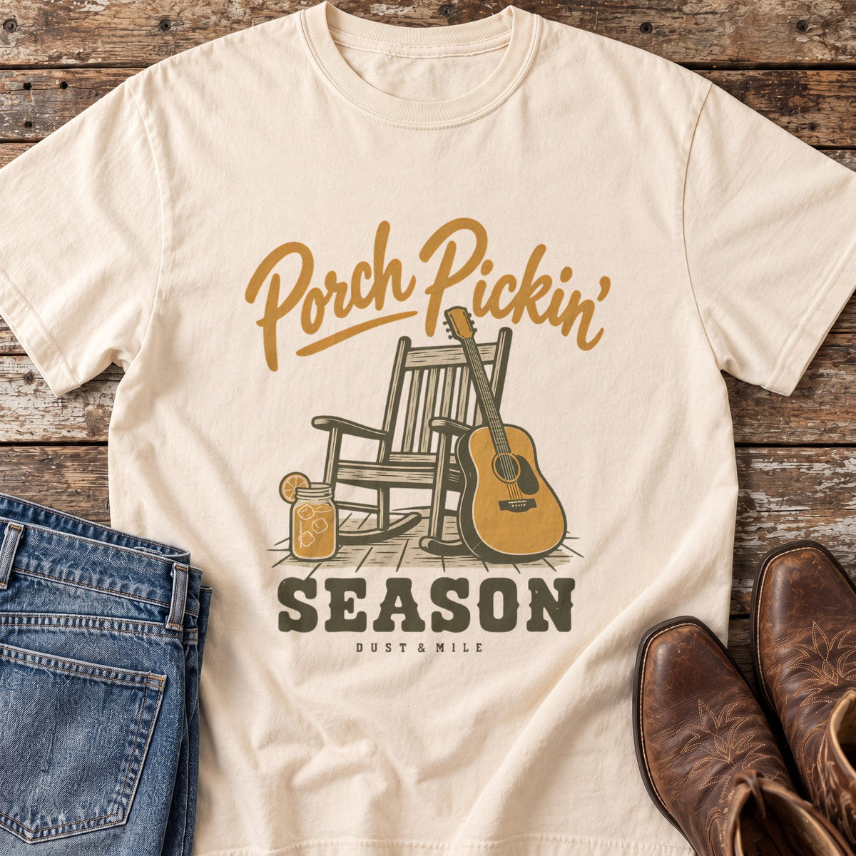 Porch Pickin' Season tee flat lay