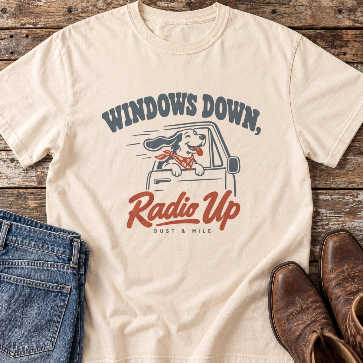 Windows Down, Radio Up tee flat lay