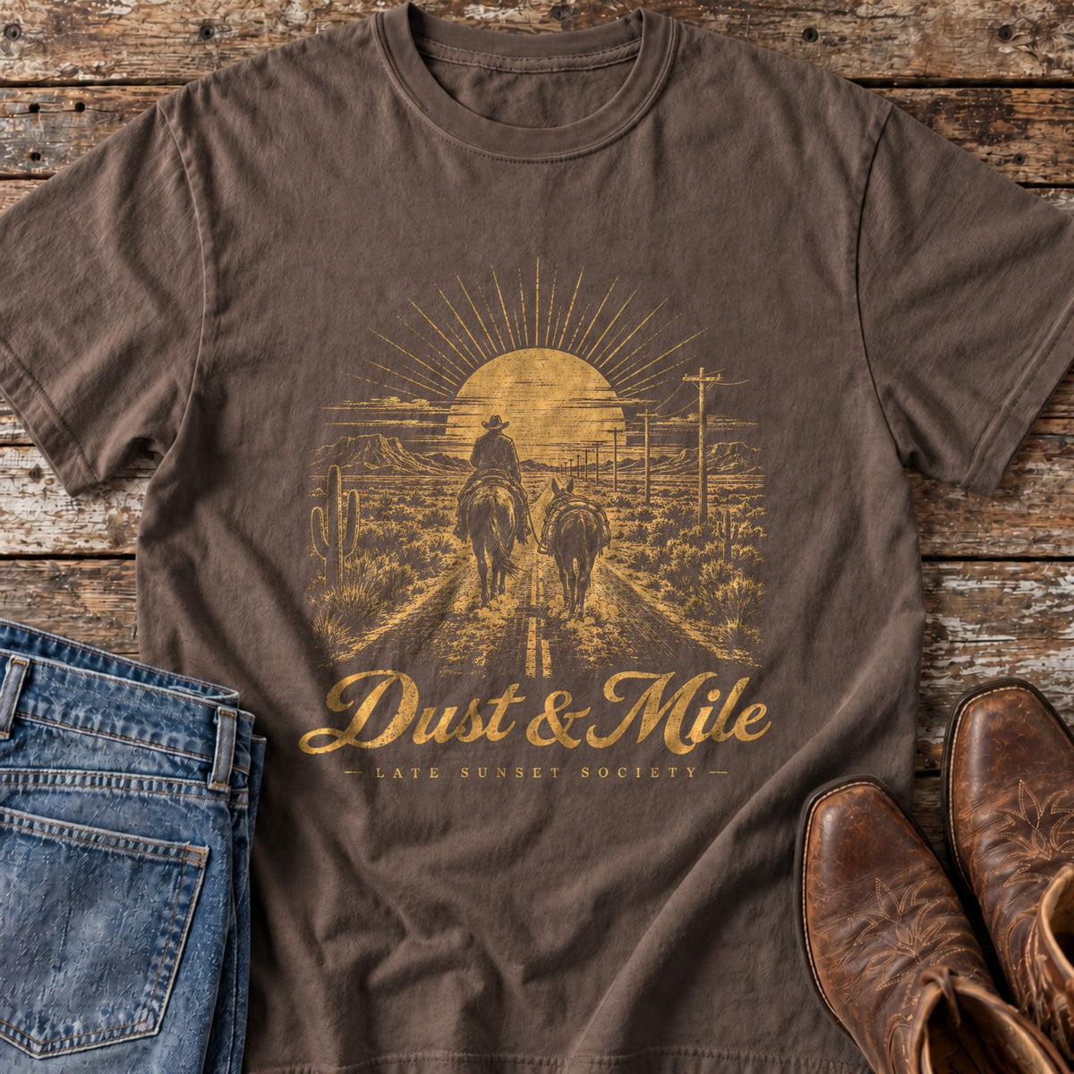 Late Sunset Society tee in Espresso flat lay