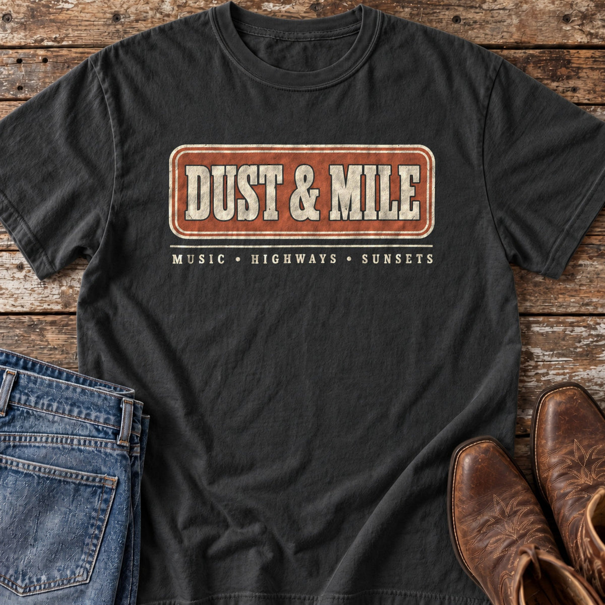Music, Highways, Sunsets tee in Black flat lay