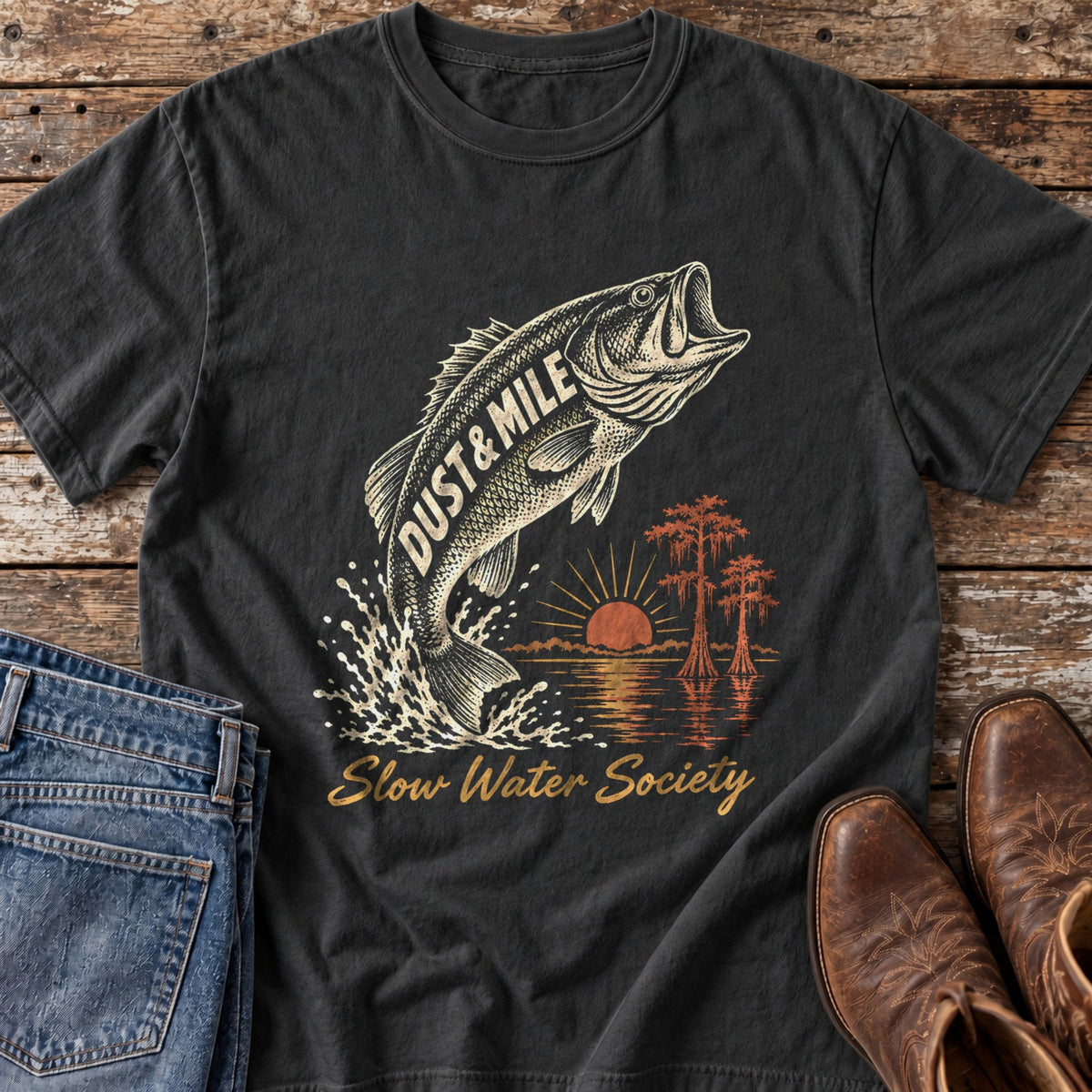 Slow Water Society tee in Black flat lay
