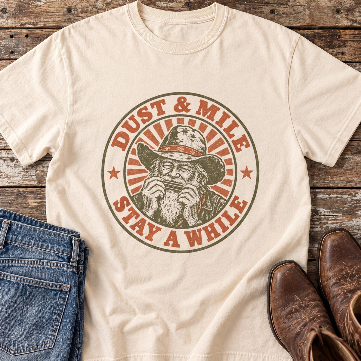Stay a While tee in Ivory flat lay