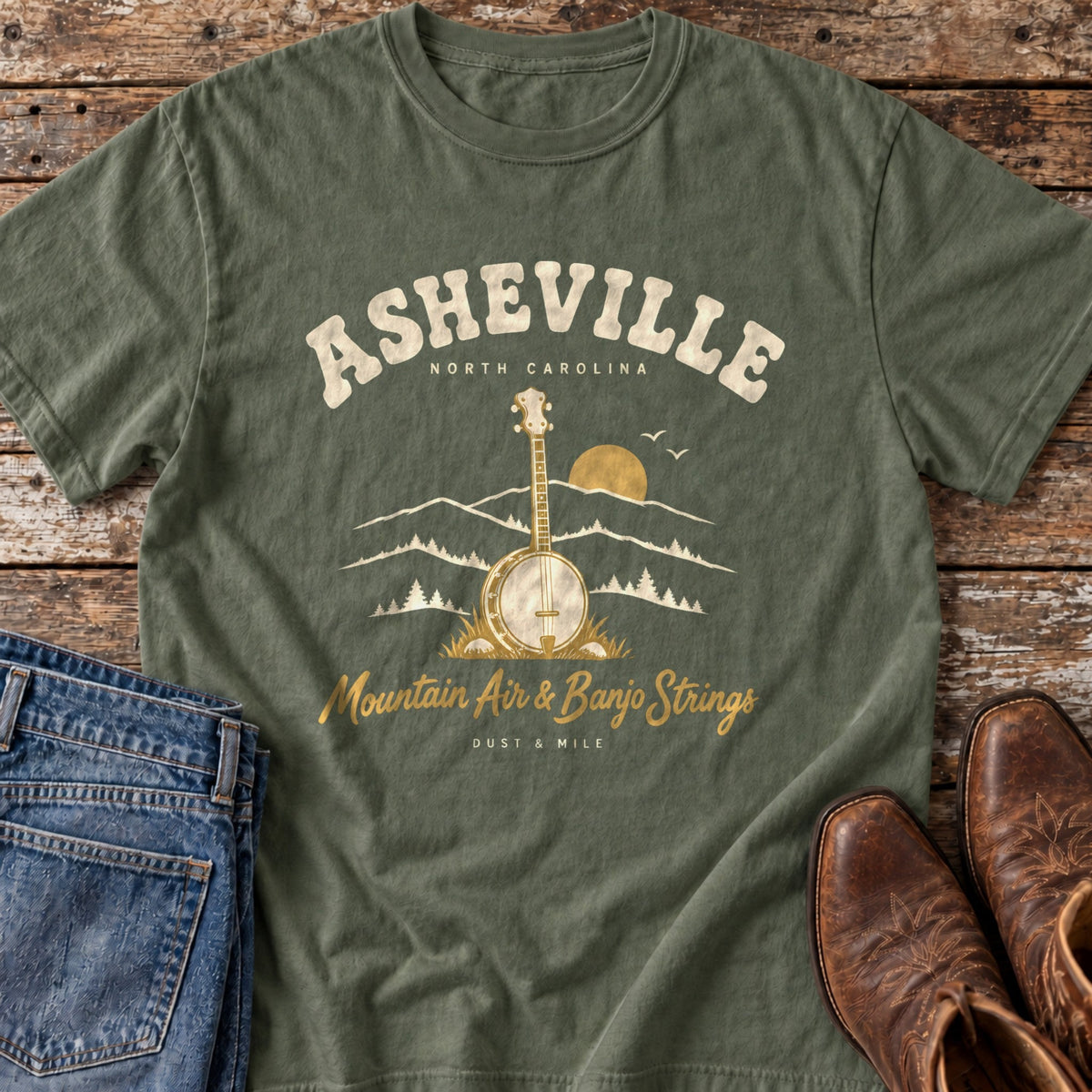 Asheville Banjo Strings tee in Moss flat lay
