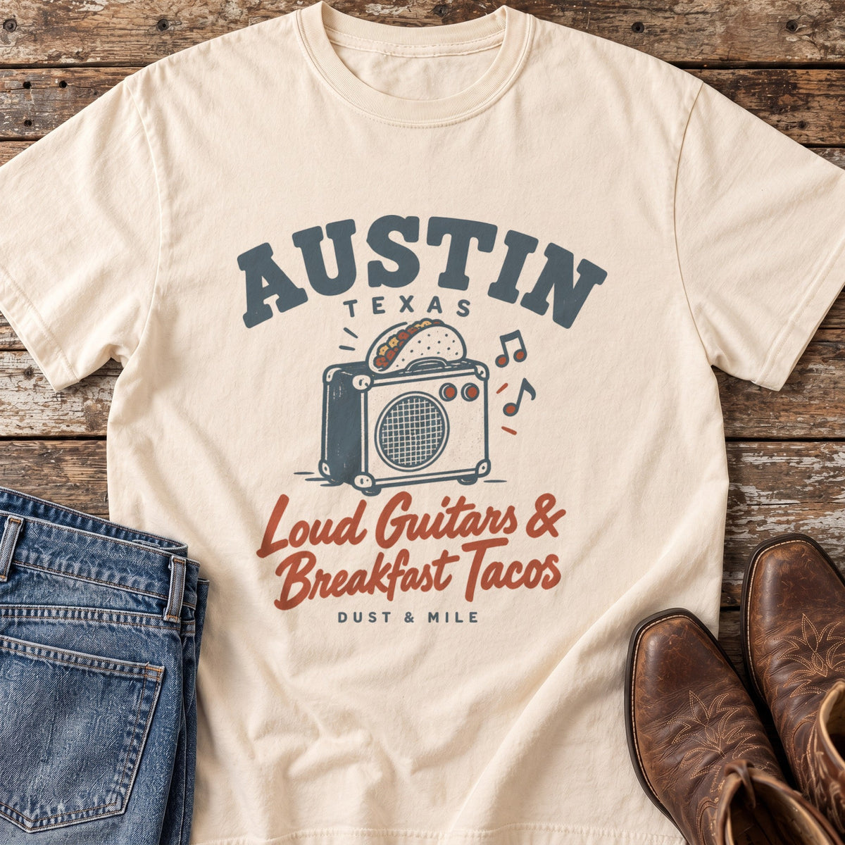 Austin Breakfast Tacos tee in Ivory flat lay
