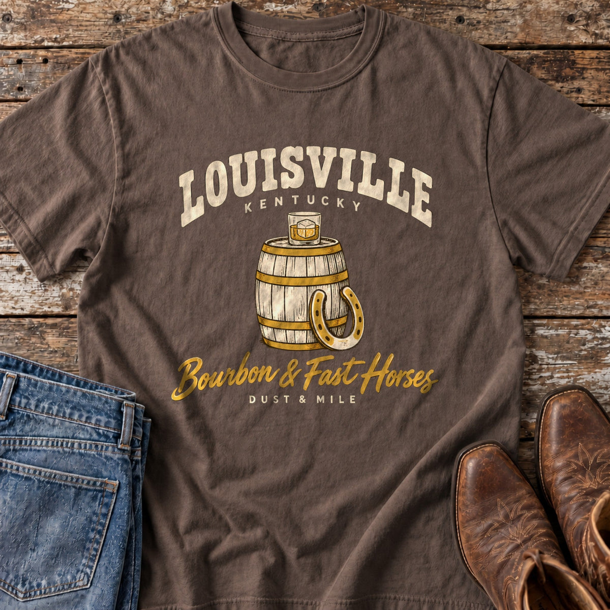 Louisville Fast Horses tee in Espresso flat lay