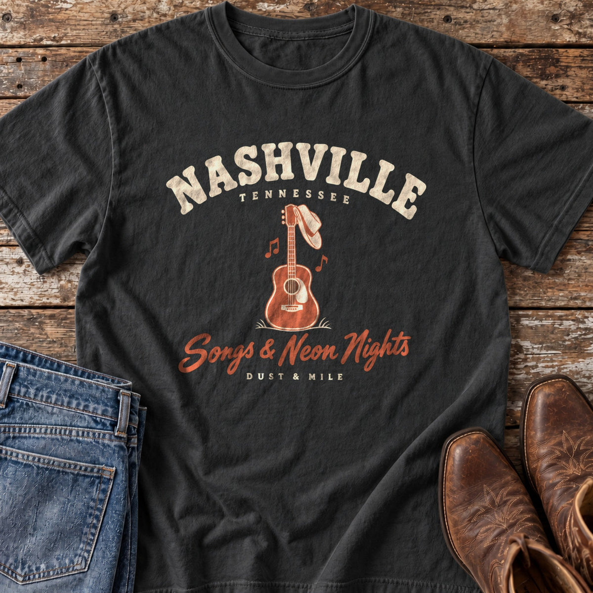 Nashville Neon Nights tee in Black flat lay
