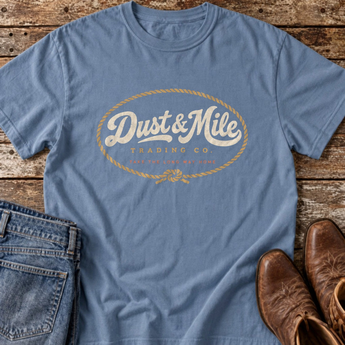Dust & Mile Trading Co. tee in Blue Jean flat lay