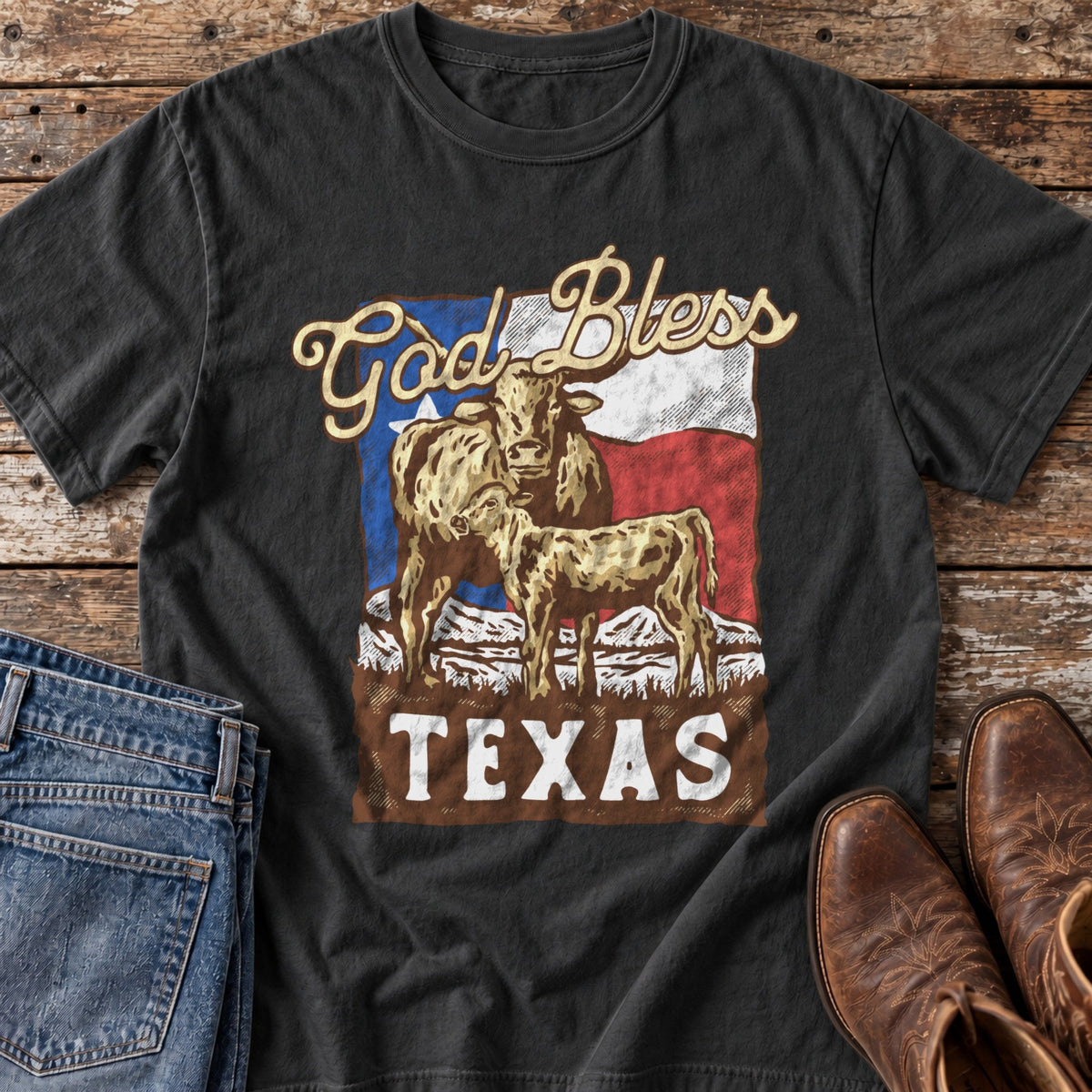 God Bless Texas T-Shirt in Black, flat lay