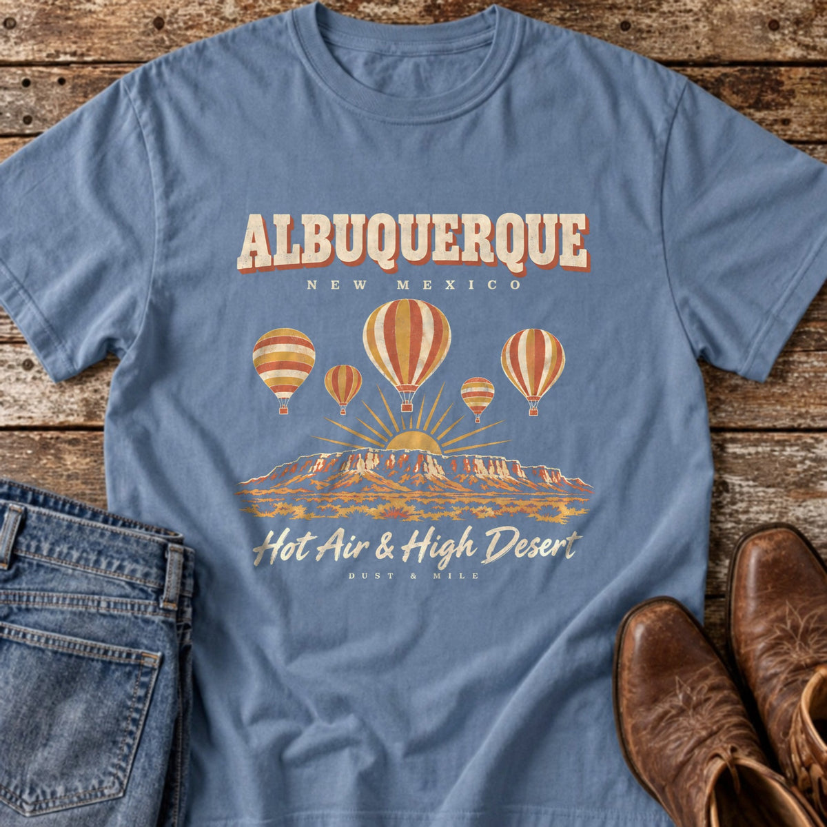 Albuquerque Hot Air tee in Blue Jean flat lay