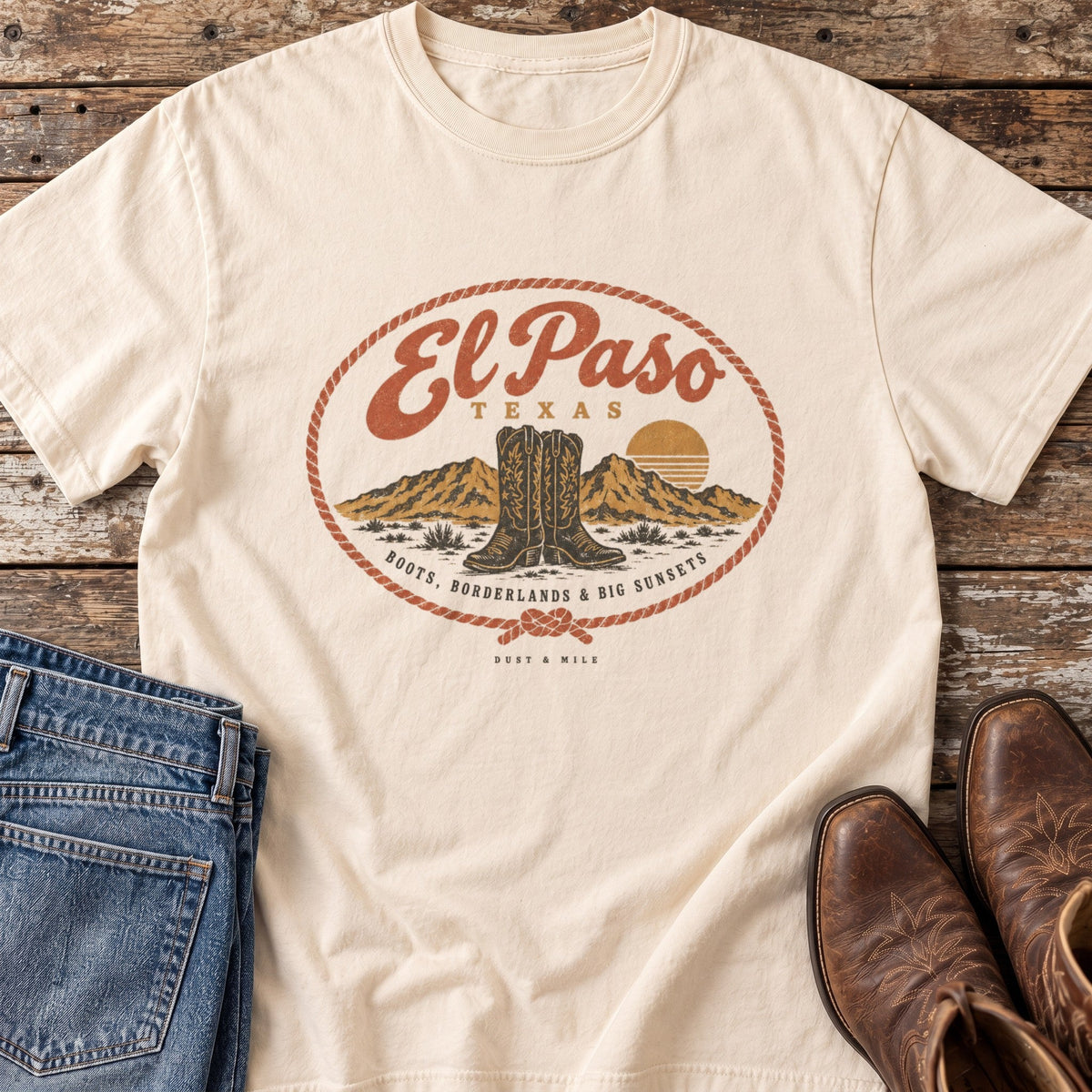 El Paso Borderlands tee in Ivory flat lay