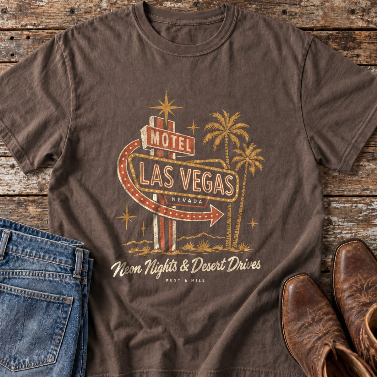 Las Vegas Neon Nights tee in Espresso flat lay
