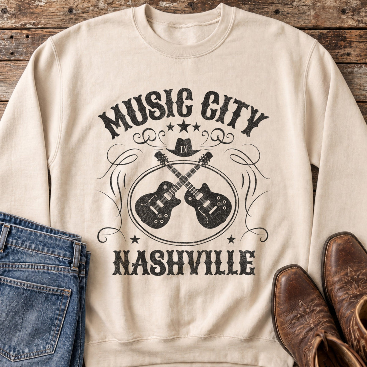 Music City Sweatshirt in Sand, flat lay