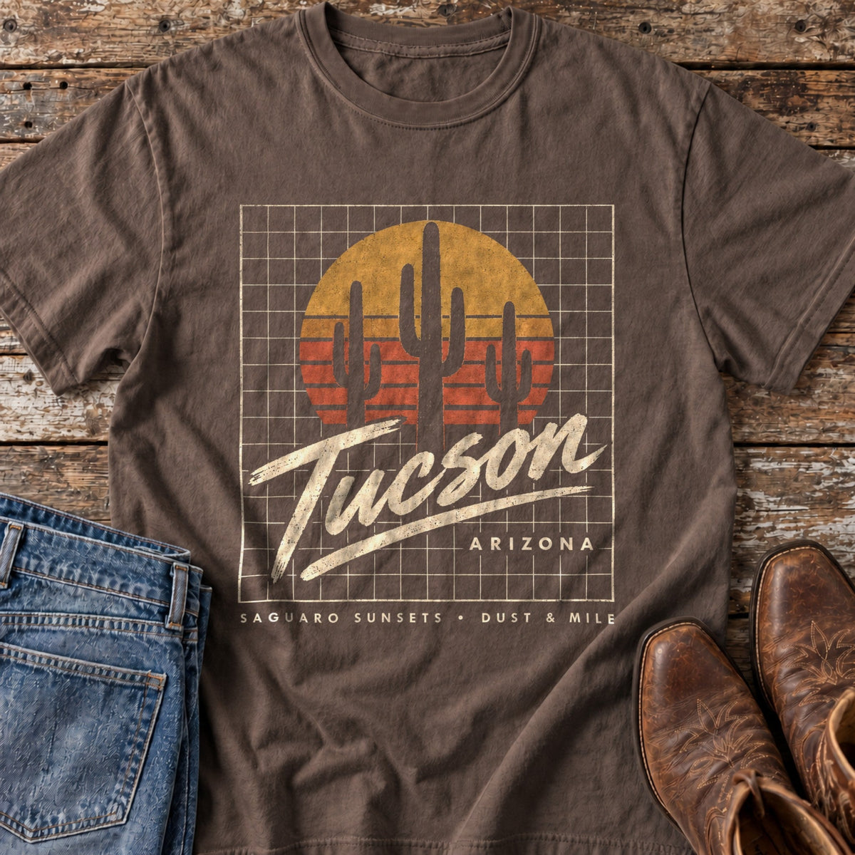 Tucson Saguaro Sunsets tee in Espresso flat lay
