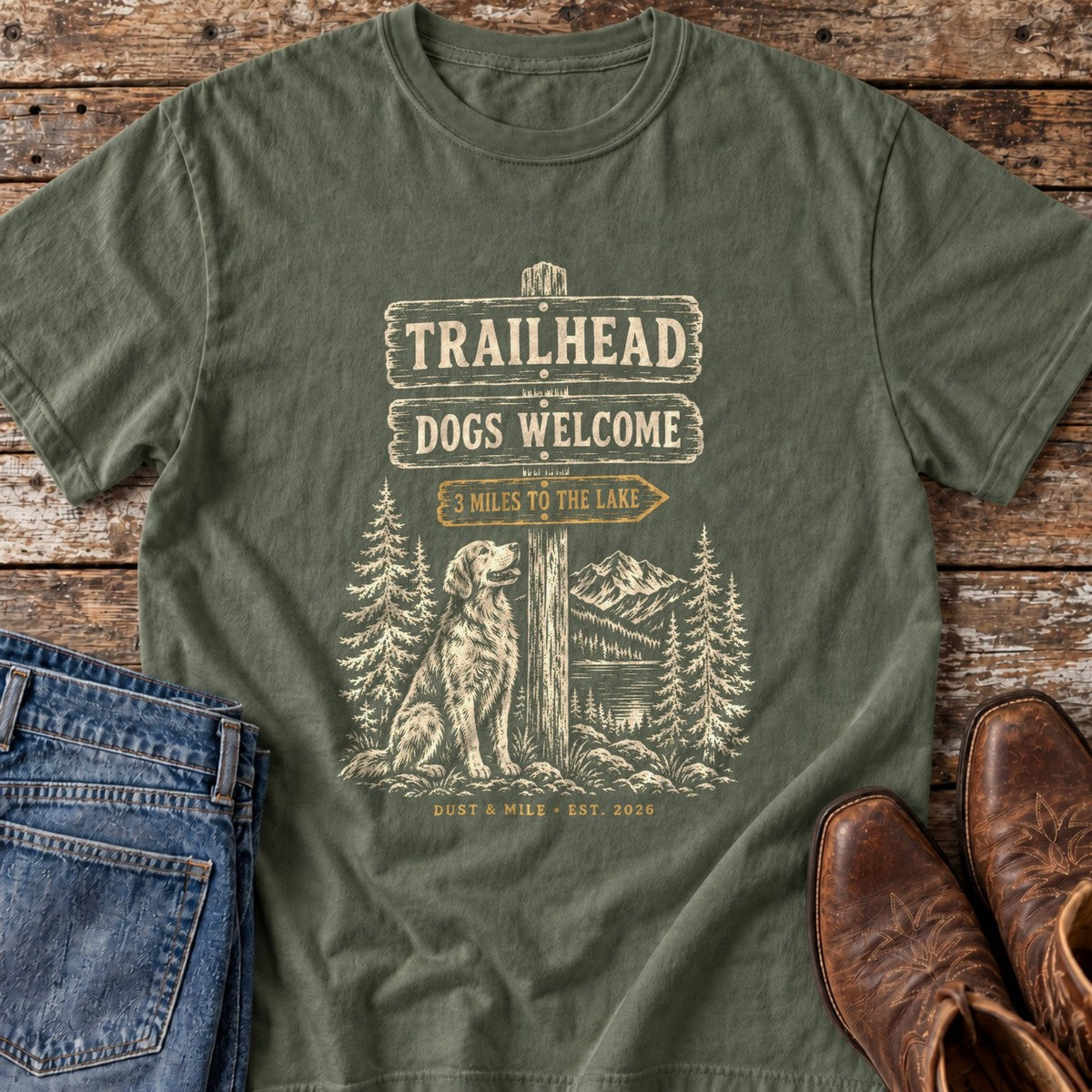 Trailhead Dogs Welcome T-Shirt flat lay